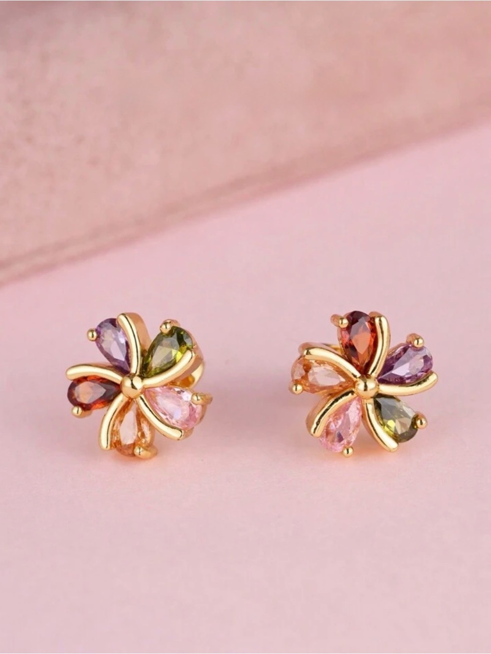 Gold Multicolor Floral Crystal Stud Earrings - Women Jewelry